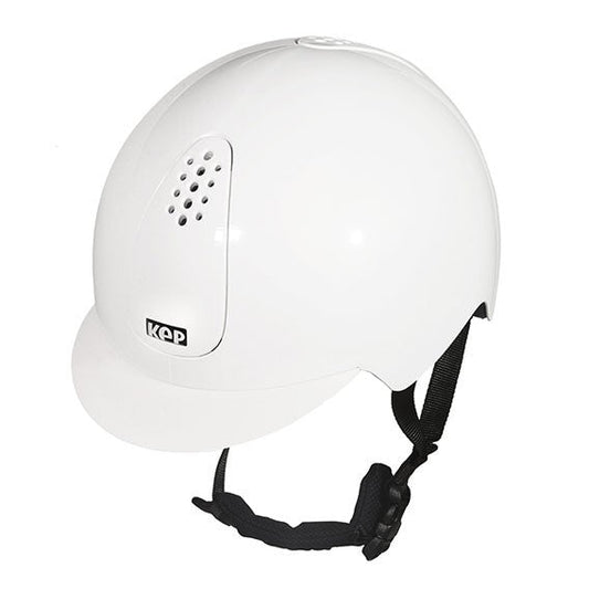 White KEP equestrian helmet for horse riding, vented with chin strap.