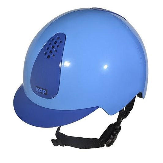 KEP brand blue equestrian helmet with ventilation holes and chinstrap.