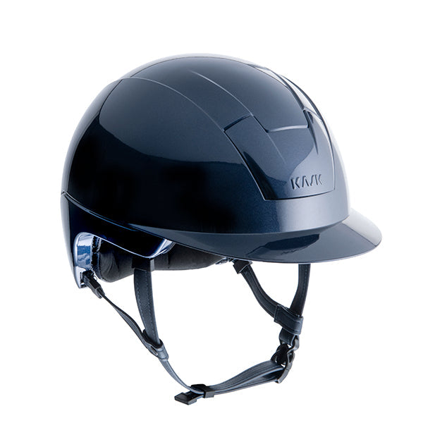 KASK brand black horse riding helmet with visor and chinstrap.