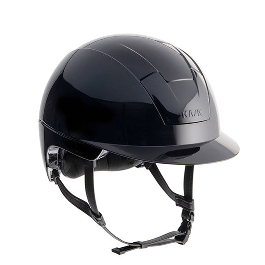 KASK brand black horse riding helmet with chinstrap on white background.