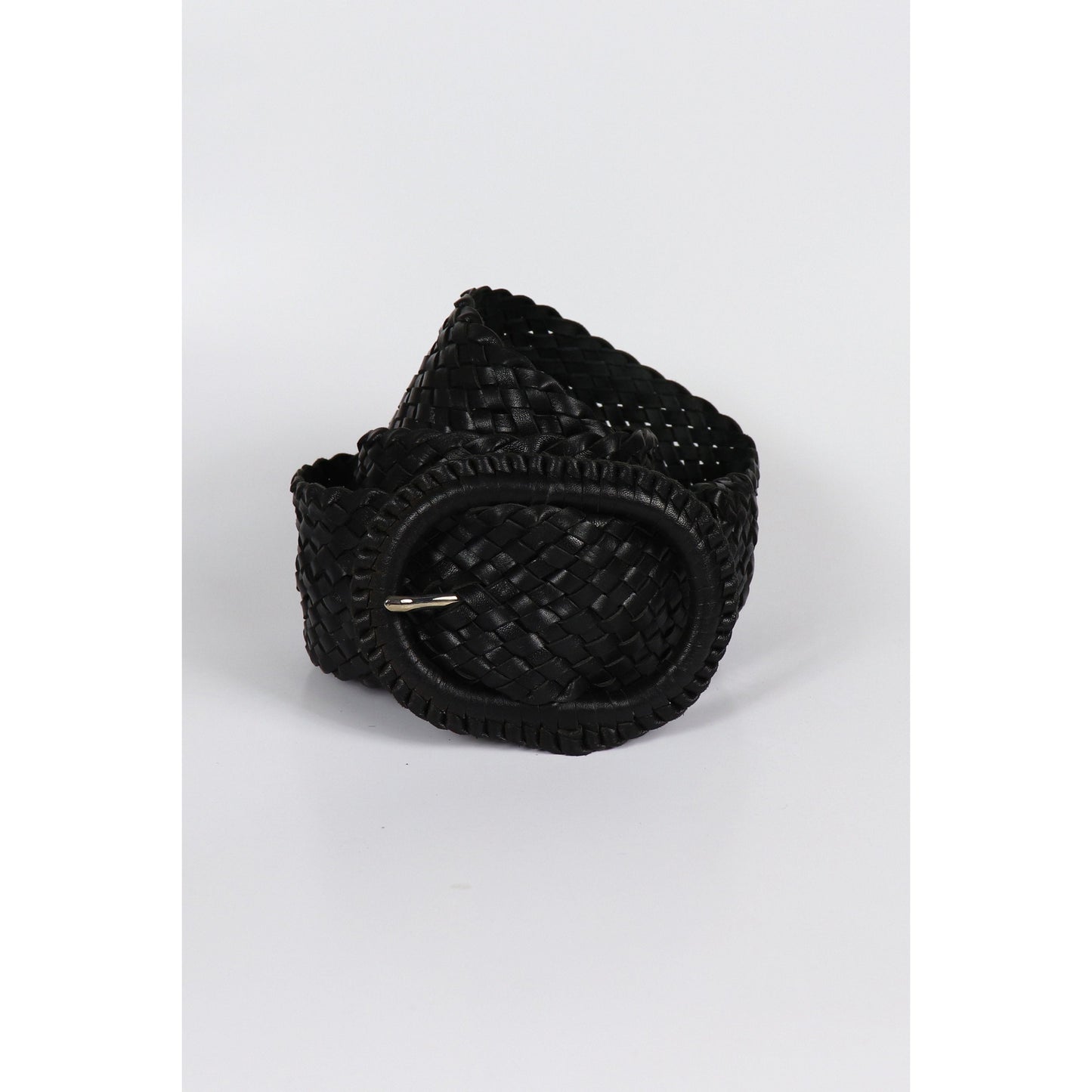 Black woven leather belt coiled.