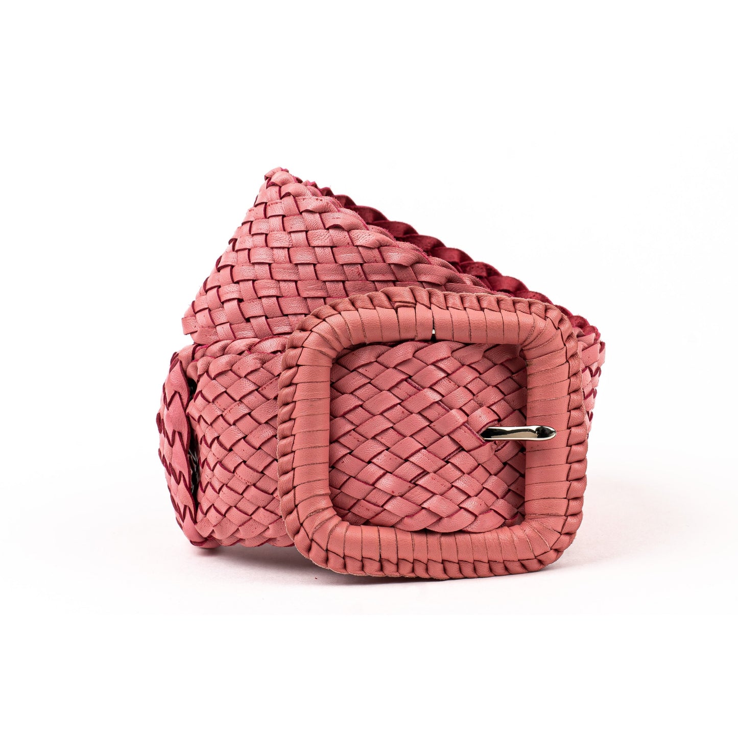 Woven pink belt on white.
