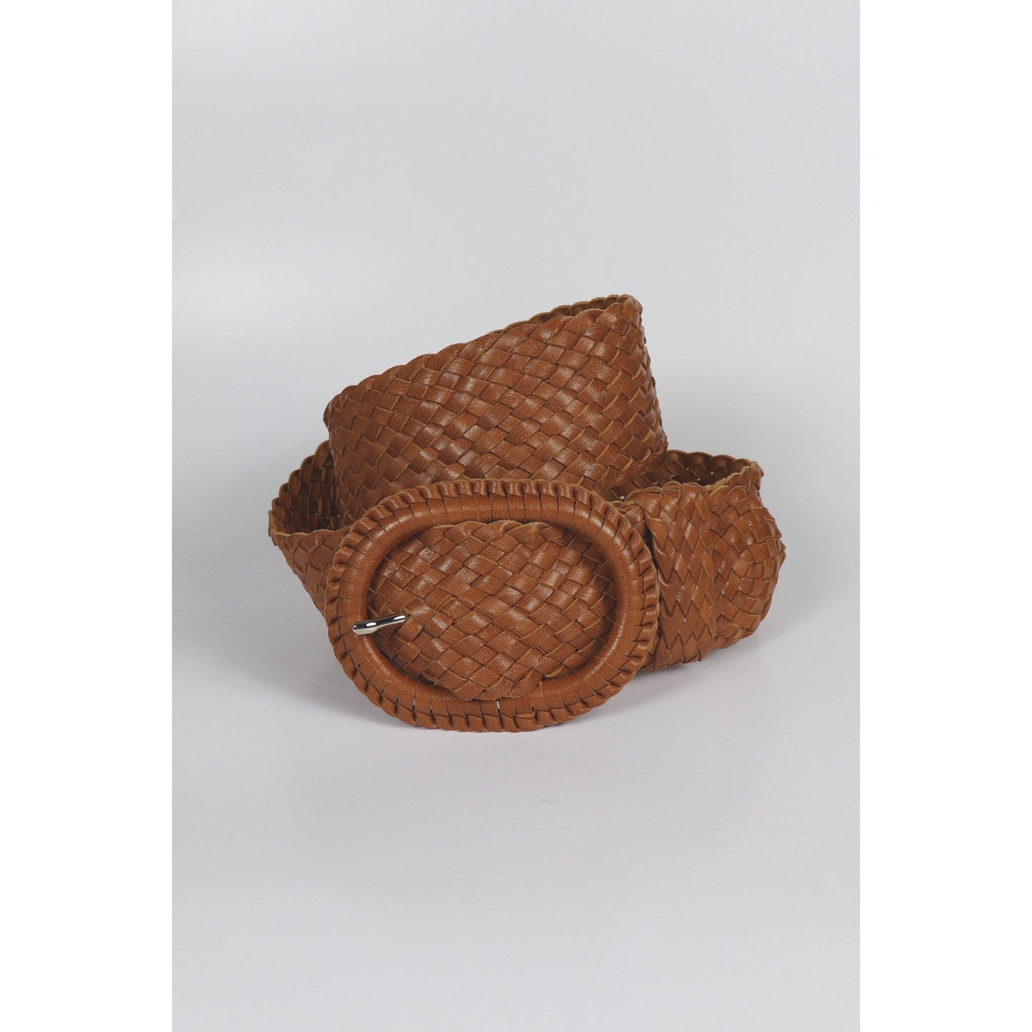 Woven leather belt with buckle.