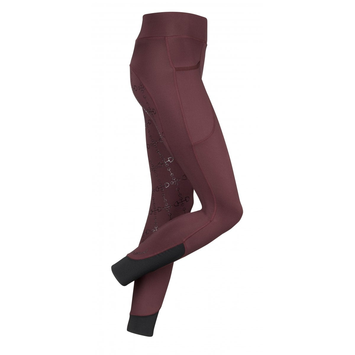 Burgundy horse riding tights with grip pattern on inner leg.