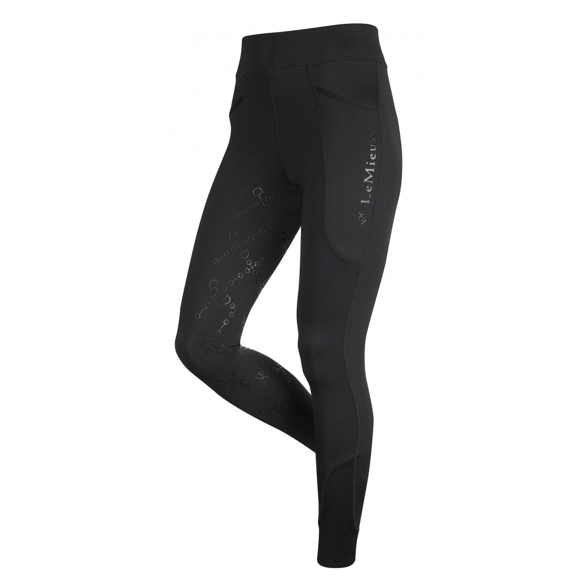 Black Horse Riding Tights with logo, pocket detail, and contoured fit.