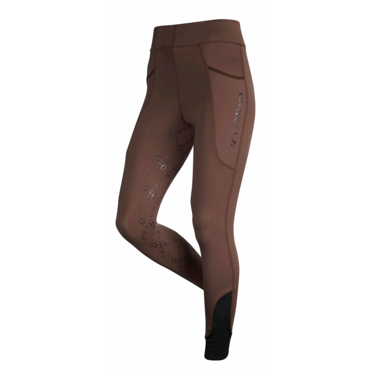 Brown horse riding tights with logo, isolated on white background.