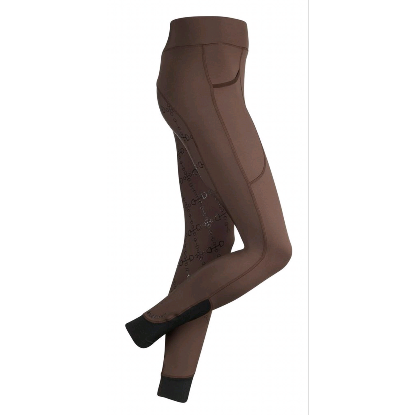 Brown horse riding tights displayed on invisible mannequin legs.