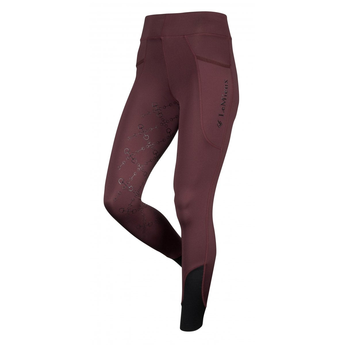Woman's maroon horse riding tights with pattern and branding displayed.