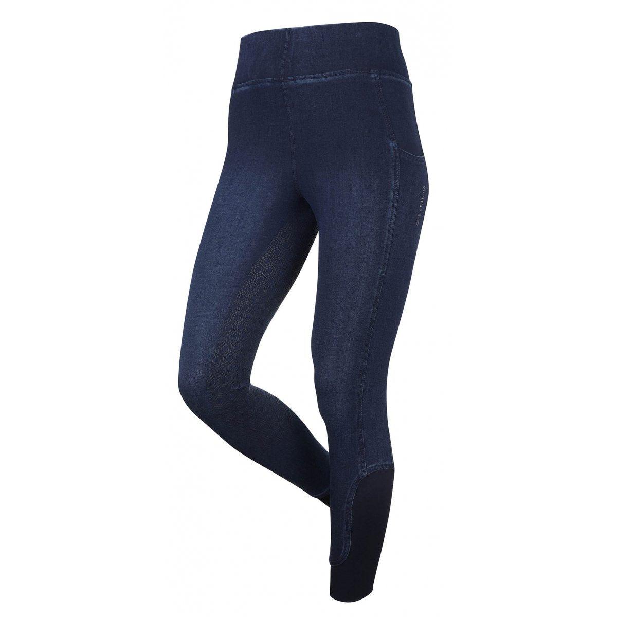 Navy horse riding tights with faux jean design, no model.