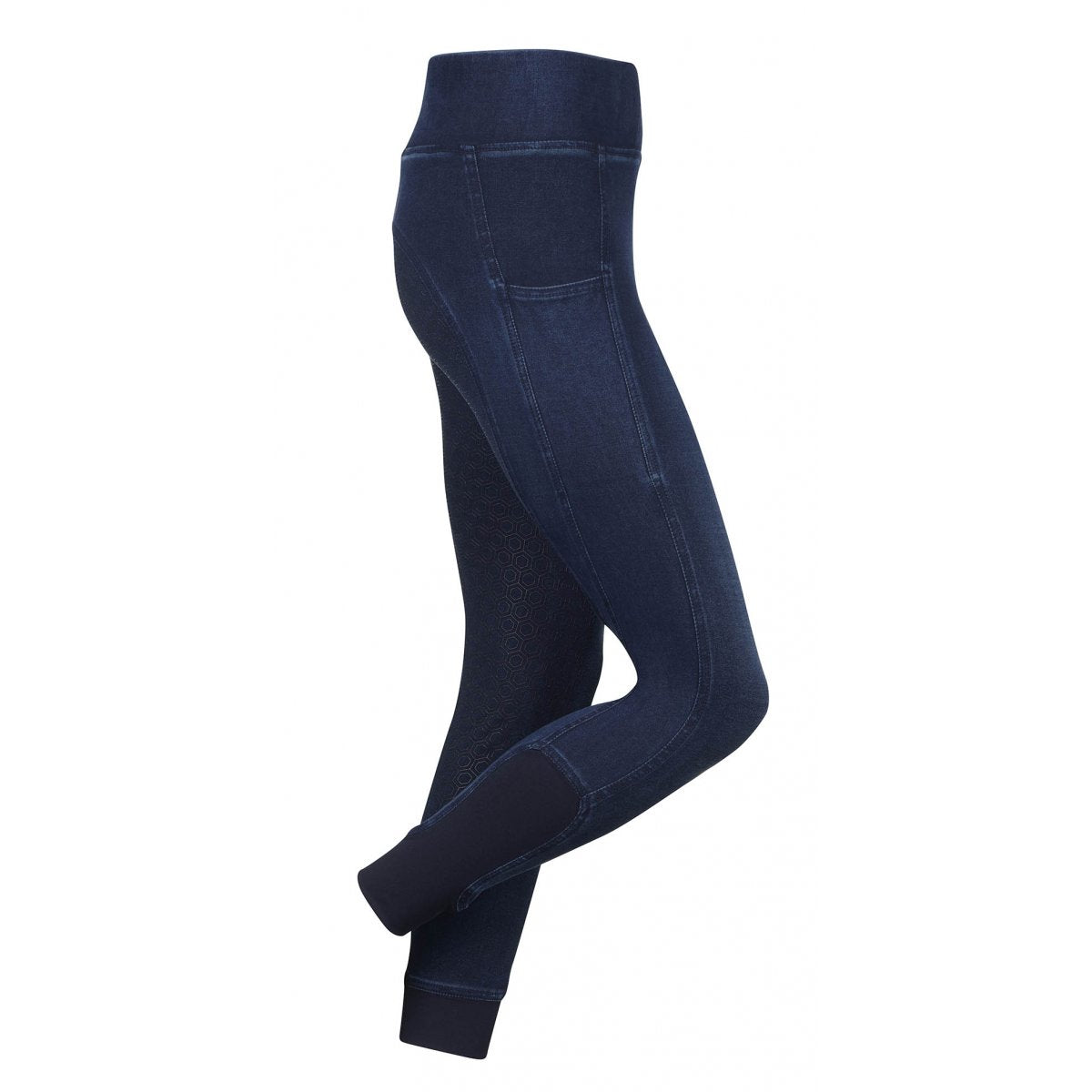 Navy blue horse riding tights with pockets and full seat detail.