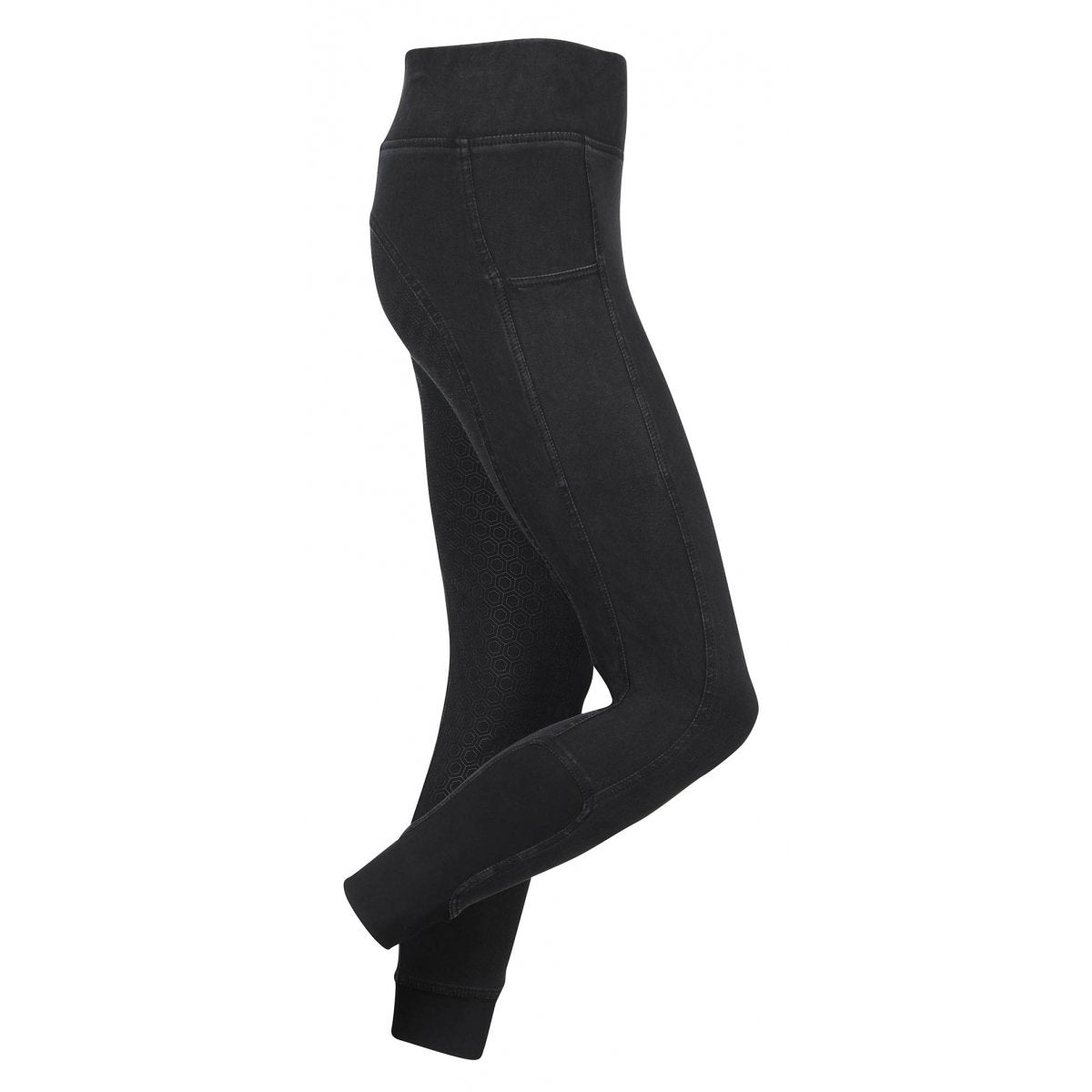 Black horse riding tights with knee patches on white background.