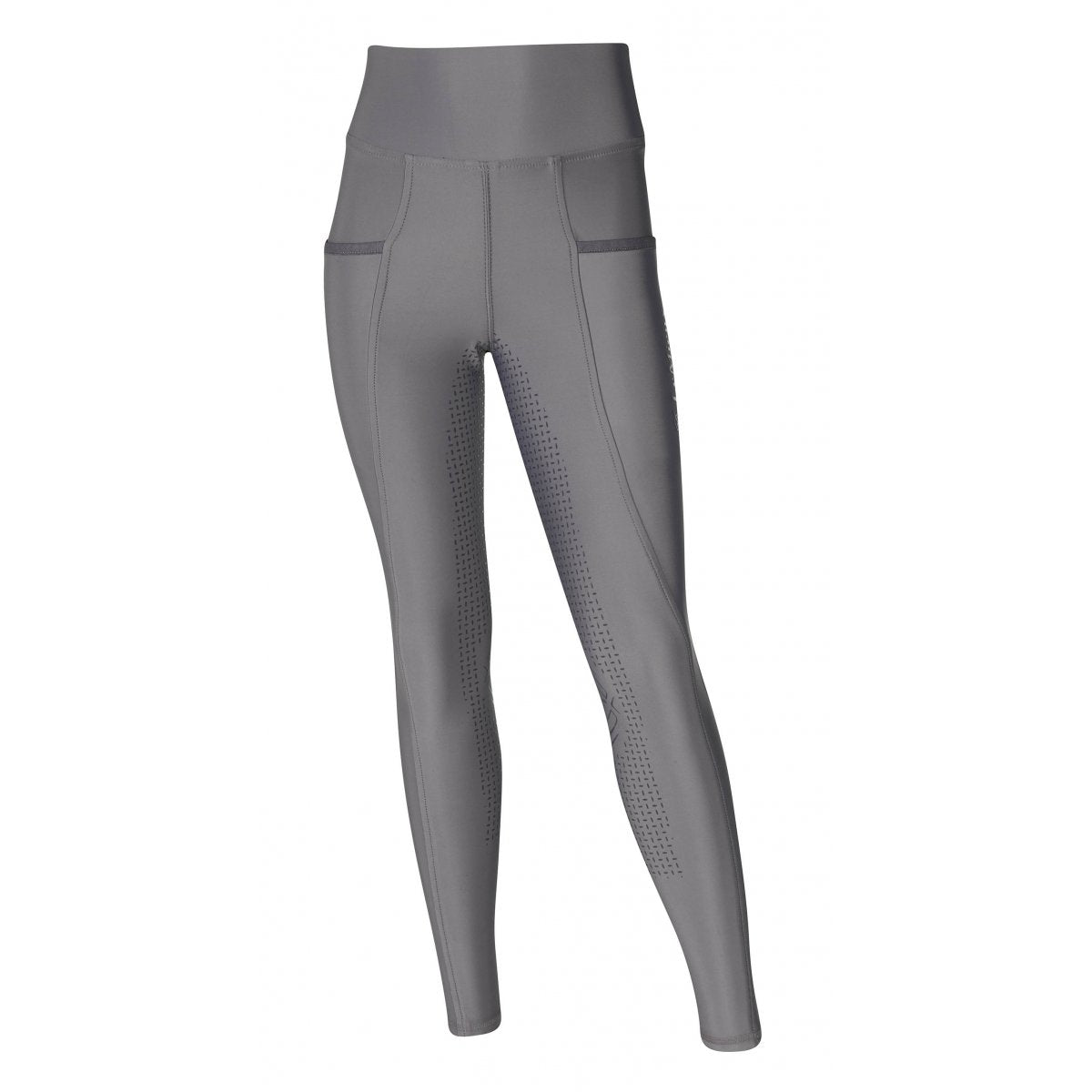 Grey Horse Riding Tights with pockets and perforated leg details.