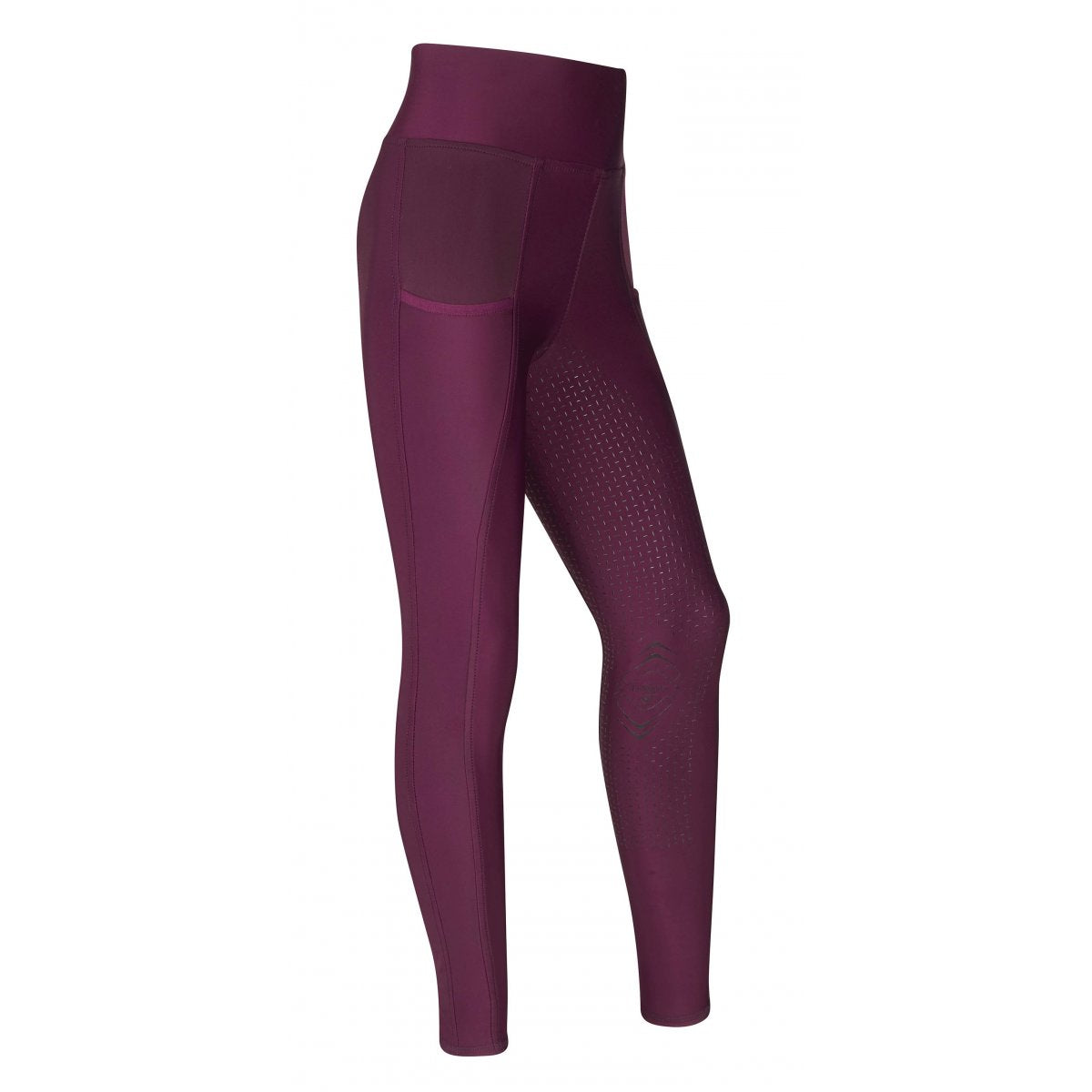 Purple horse riding tights with pockets and textured knee patches.