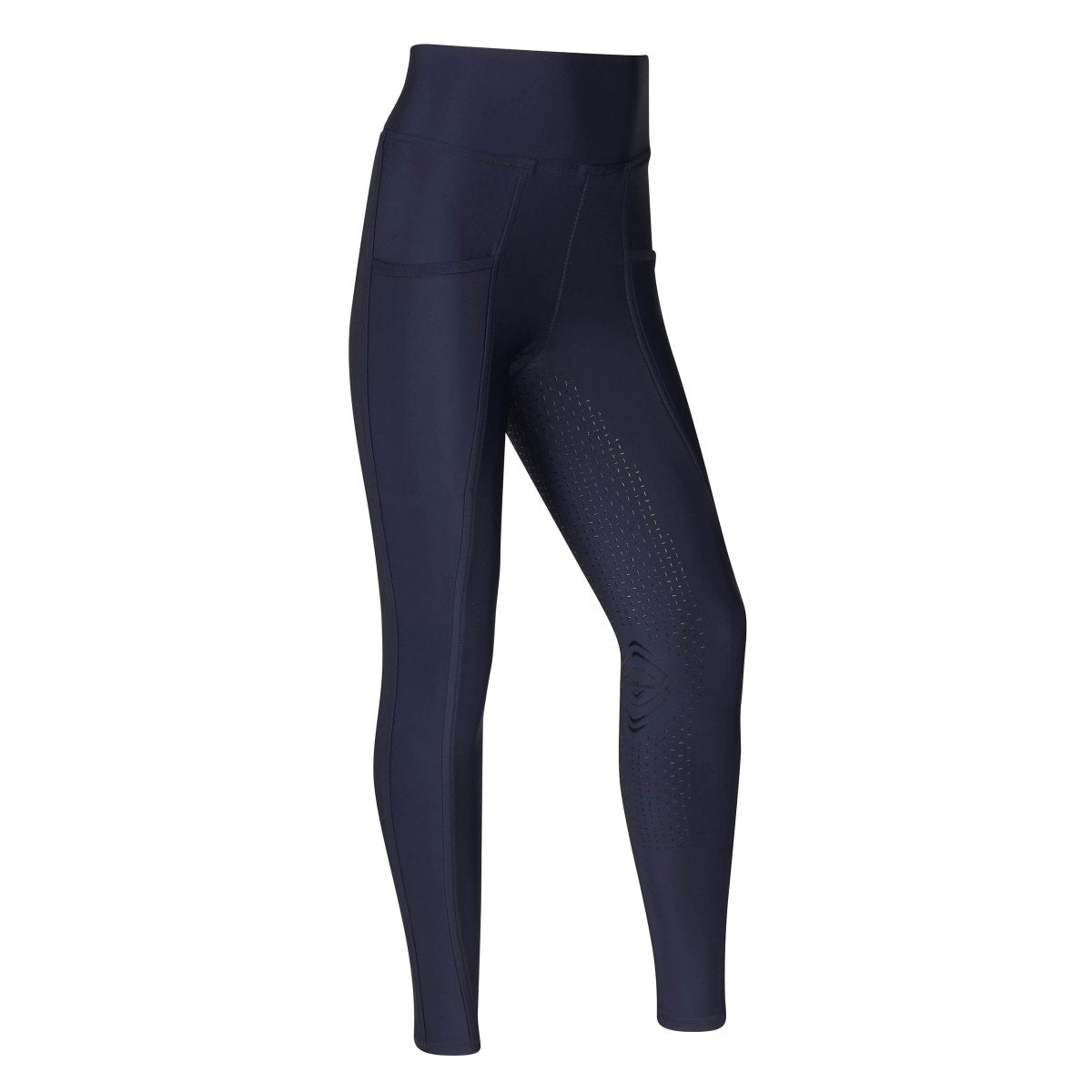 Navy blue horse riding tights with grip pattern on inner legs.