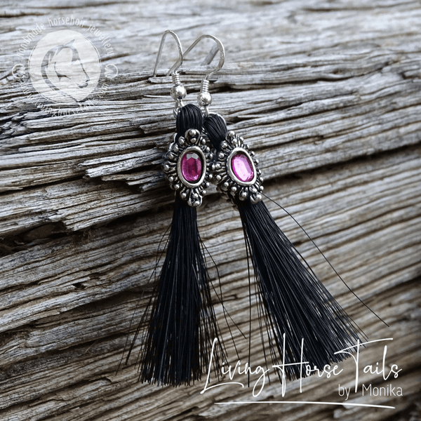 Living Horse Tails Bling Rhinestone Horse Hair Tassle Earrings - Fuchsia. Made using real horsehair. Custom jewellery Monika Australia horsehair keepsake