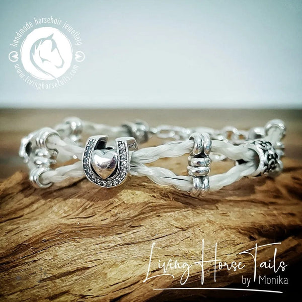 Living Horse Tails Double Layer Sterling Silver and Swarovski Beaded Horsehair Bracelet with Horseshoe Custom jewellery Monika Australia horsehair keepsake