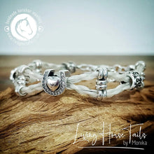 Living Horse Tails Double Layer Sterling Silver and Swarovski Beaded Horsehair Bracelet with Horseshoe Custom jewellery Monika Australia horsehair keepsake