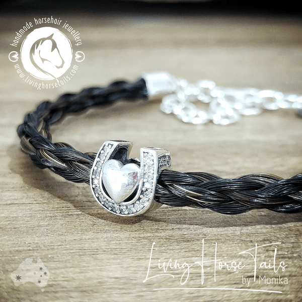 Living Horse Tails Horsehair Bracelet in Sterling Silver with Heart and Horseshoe Bead Custom jewellery Monika Australia horsehair keepsake