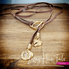 Living Horse Tails Leather Lariat Necklace with stirrup, horse and horseshoe Custom jewellery Monika Australia horsehair keepsake