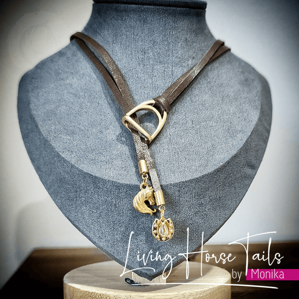 Living Horse Tails Leather Lariat Necklace with stirrup, horse and horseshoe Custom jewellery Monika Australia horsehair keepsake