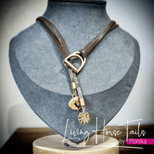 Living Horse Tails Leather Lariat Necklace with stirrup, horse and horseshoe Custom jewellery Monika Australia horsehair keepsake