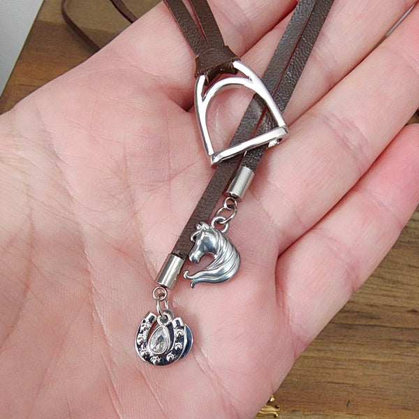 Living Horse Tails Leather Lariat Necklace with stirrup, horse and horseshoe Custom jewellery Monika Australia horsehair keepsake
