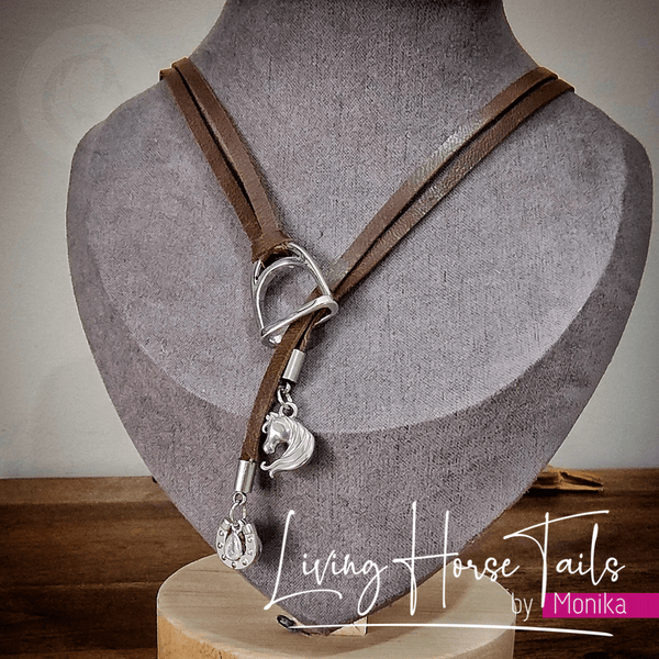 Living Horse Tails Leather Lariat Necklace with stirrup, horse and horseshoe Custom jewellery Monika Australia horsehair keepsake