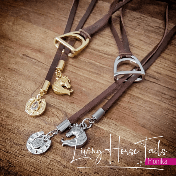 Living Horse Tails Leather Lariat Necklace with stirrup, horse and horseshoe Custom jewellery Monika Australia horsehair keepsake