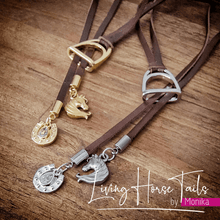 Living Horse Tails Leather Lariat Necklace with stirrup, horse and horseshoe Custom jewellery Monika Australia horsehair keepsake