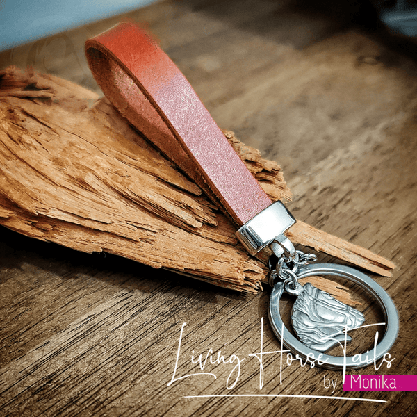 Living Horse Tails Stainless Steel Leather Keyring Fob with horse charm Custom jewellery Monika Australia horsehair keepsake