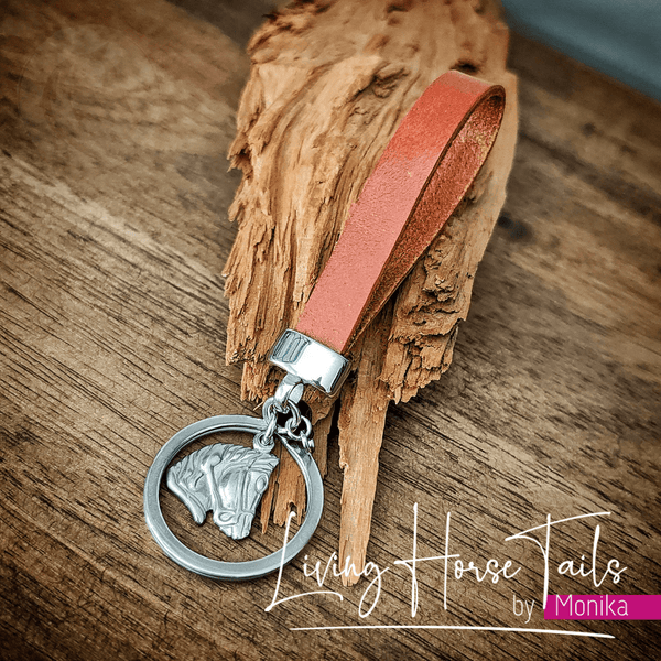 Living Horse Tails Stainless Steel Leather Keyring Fob with horse charm Custom jewellery Monika Australia horsehair keepsake