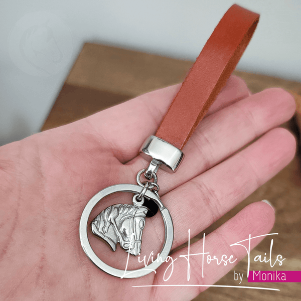 Living Horse Tails Stainless Steel Leather Keyring Fob with horse charm Custom jewellery Monika Australia horsehair keepsake
