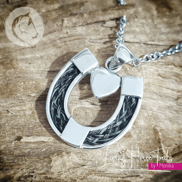 Living Horse Tails Sterling Silver Horseshoe with Heart Pendant inlaid with Horse Hair Braid Custom jewellery Monika Australia horsehair keepsake