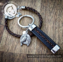 Stitched Leather and Stainless Steel Horsehair Keyring Fob with charm