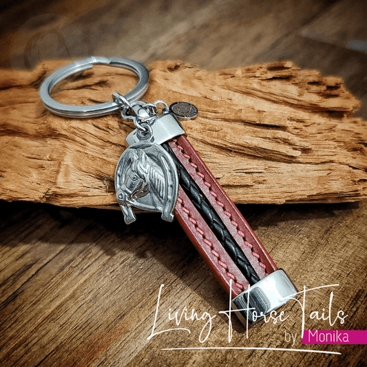 Living Horse Tails Stitched Leather and Stainless Steel Keyring Fob with charm Custom jewellery Monika Australia horsehair keepsake