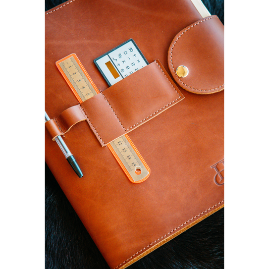 Leather notebook with calculator inside.