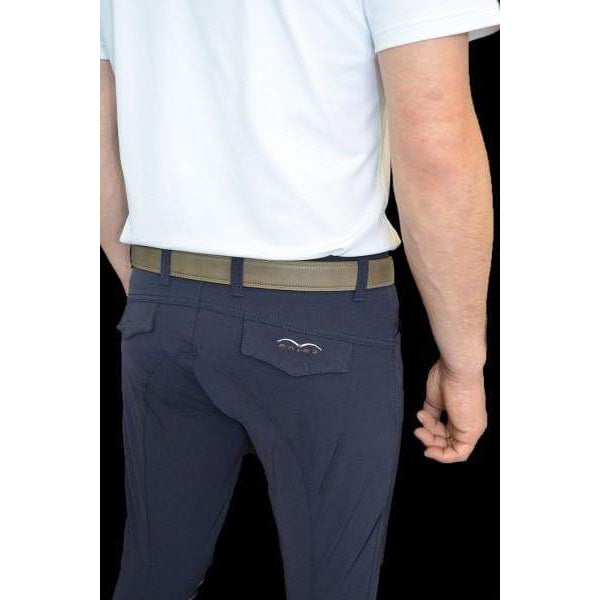 Animo brand men's navy blue pants with visible logo and belt.