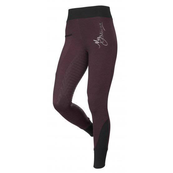 Women's burgundy horse riding tights with signature on thigh.