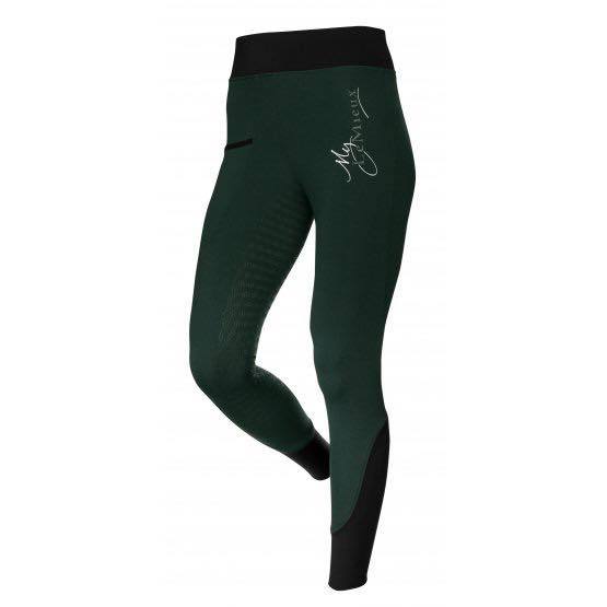 Green Horse Riding Tights with black waistband and side pocket.