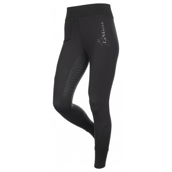 Black horse riding tights with side pattern detail for equestrians.