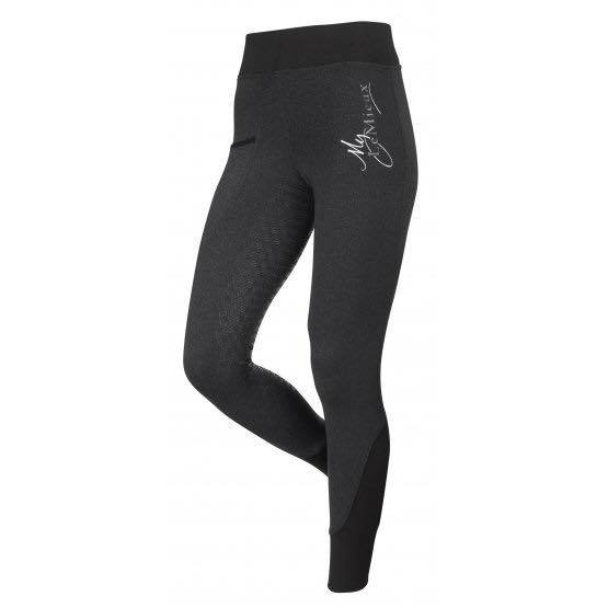Women's black horse riding tights with a branded signature on thigh.
