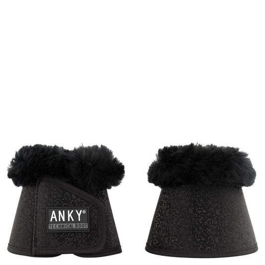 ANKY brand black technical boot bell boots with faux fur trim.