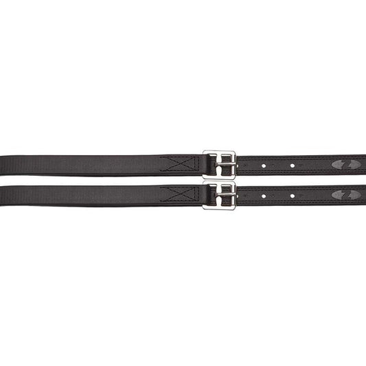 Pair of black equestrian stirrup leathers with stainless steel buckles.