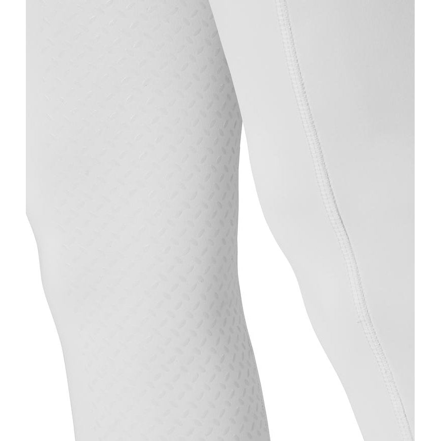 Close-up of textured white horse riding tights on a person.