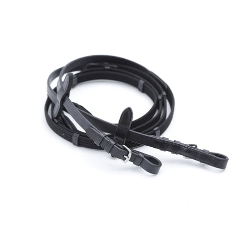 Black leather horse riding reins coiled on white background.