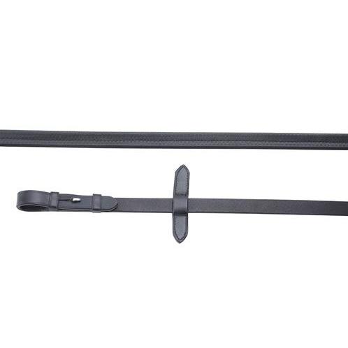 Black leather horse riding reins with buckle and keeper.