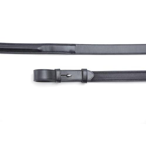 Black leather horse riding reins with buckle, against white background.