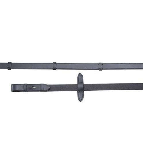 Black leather horse riding reins with buckle and loop.