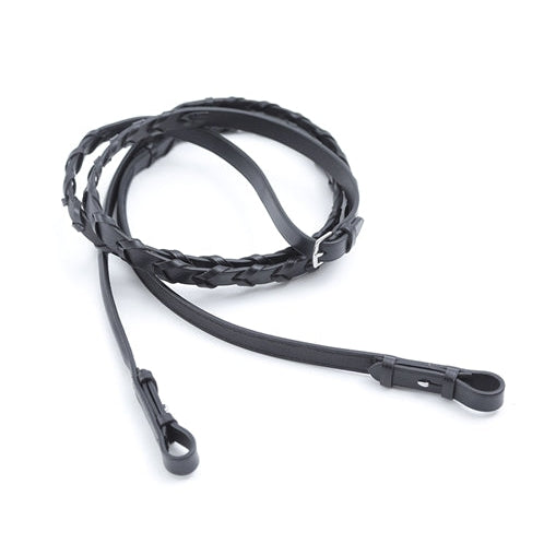 Black leather horse riding reins coiled on white background.