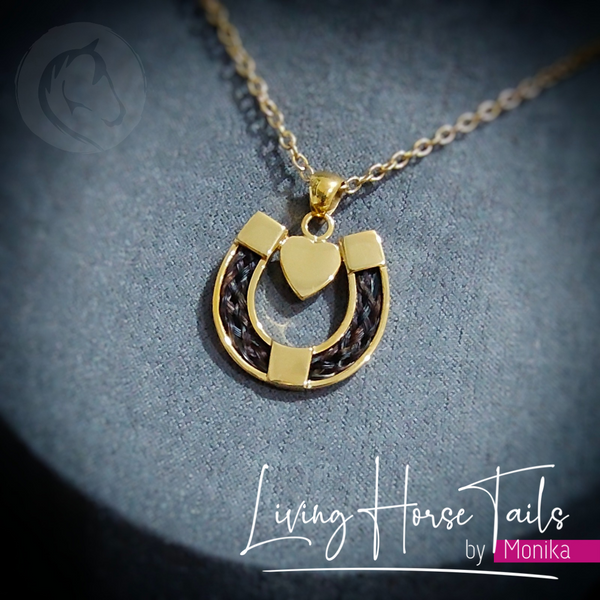 Sterling Silver Horseshoe with Heart Pendant inlaid with Horse Hair Braid